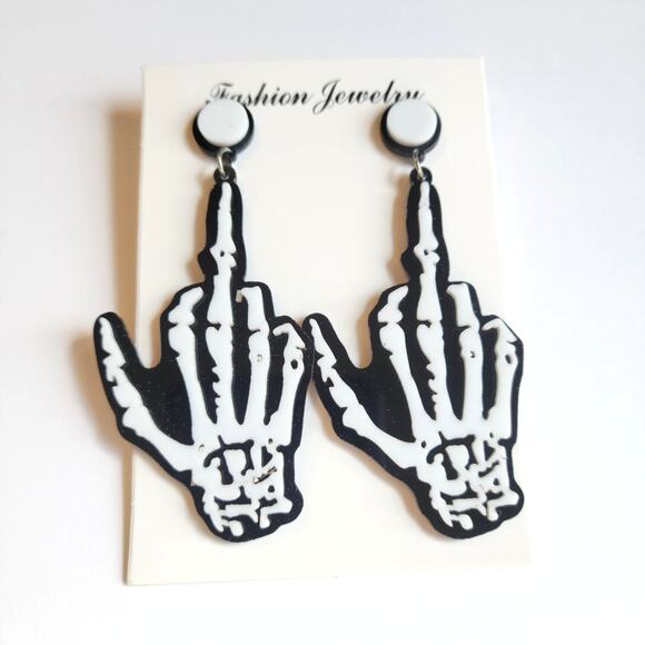 Skeleton Hand Earring Middle Finger Drop Statement Jewelry Punk Goth 3" NWT Edgy - Picture 7 of 7